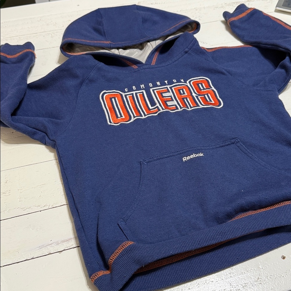 🍄5/6 Y2K Oilers Reebok Navy Blue Men's Hoodie with Orange embroidered oilers